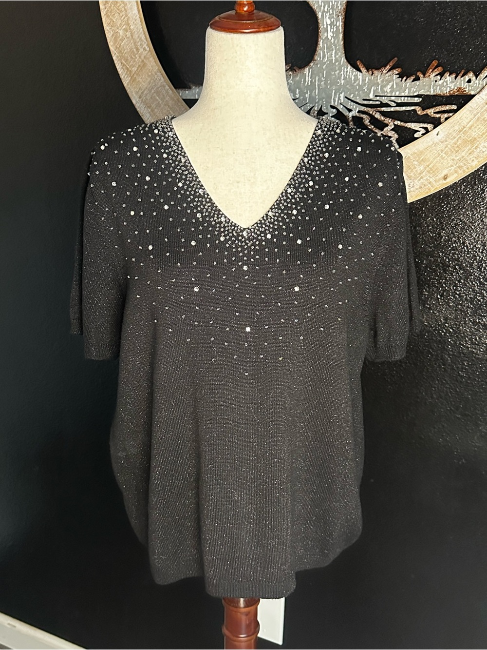 Black Short Sleeve V-Neck Top with Rhinestone Accent